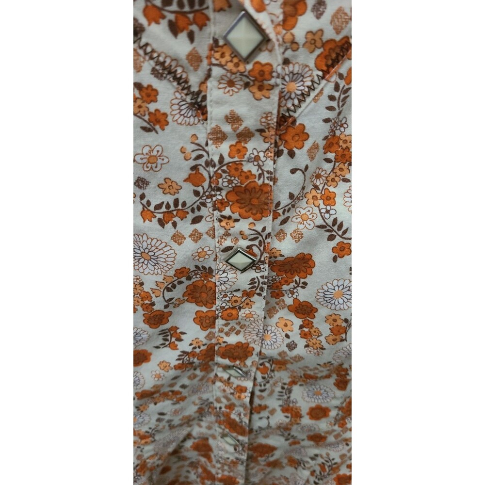 Roper Cowgirl Orange Accented- Flowered Pearl Snap- Long Sleeve-Lrg 70s Print